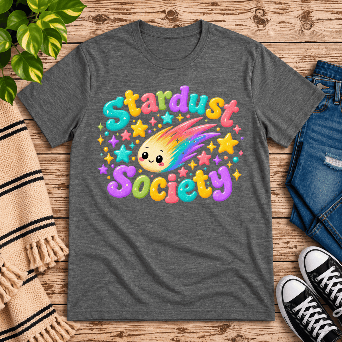 Stardust Society cute celestial graphic t-shirt cozy flat lay in deep heather.