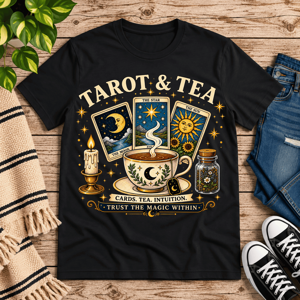 Tarot & Tea tarot card graphic t-shirt cozy flat lay in vintage black.