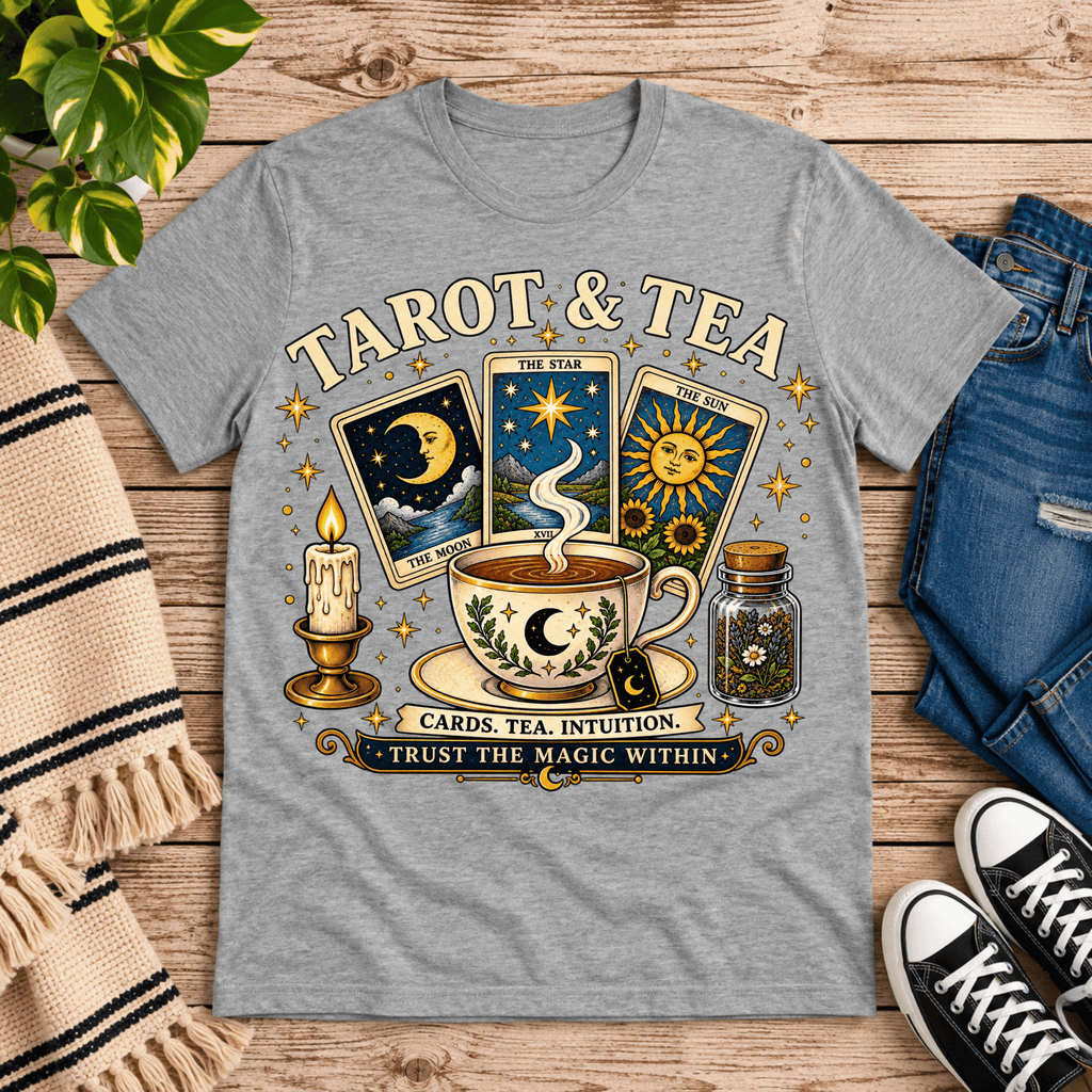 Tarot & Tea tarot card graphic t-shirt cozy flat lay in athletic heather.