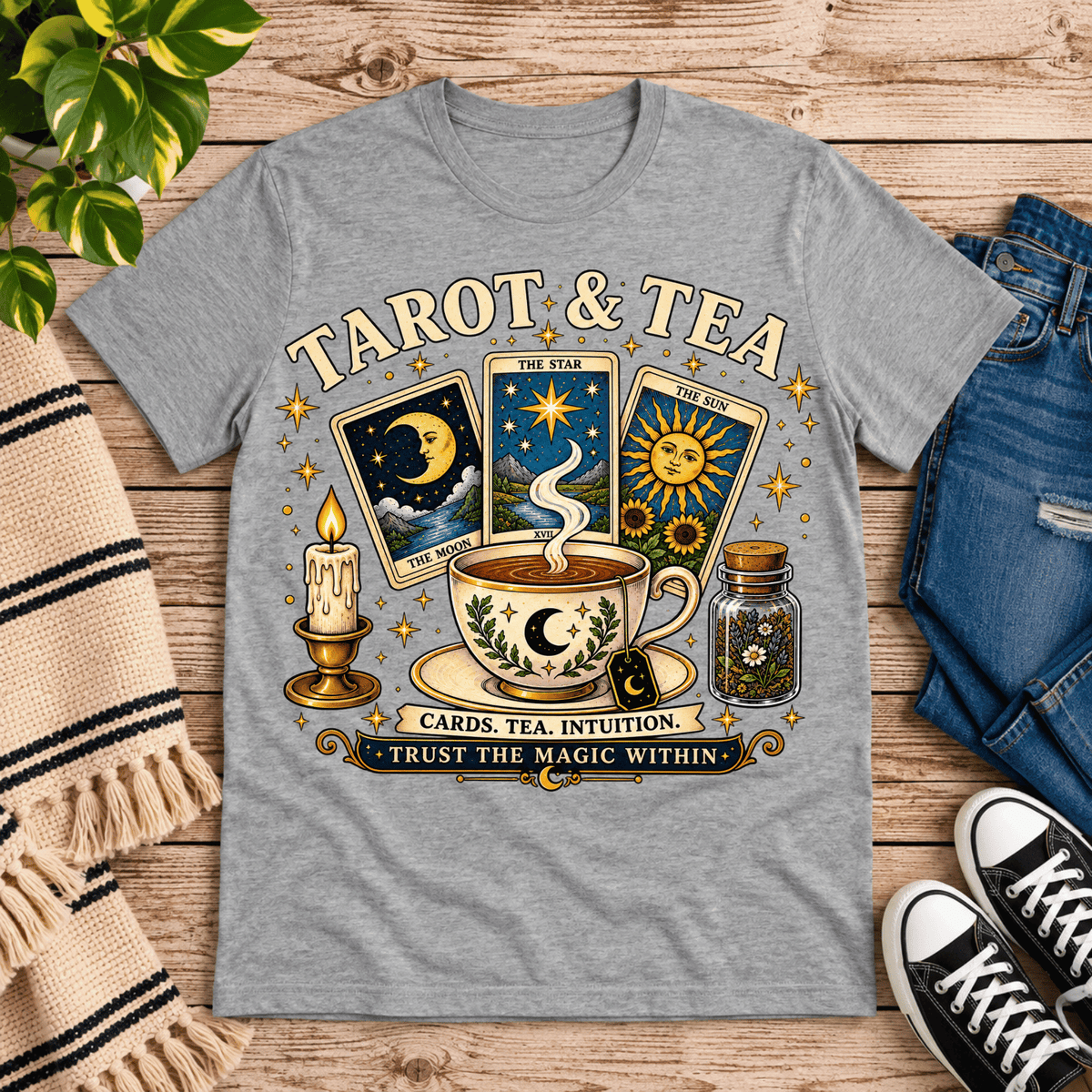 Tarot & Tea tarot card graphic t-shirt cozy flat lay in athletic heather.