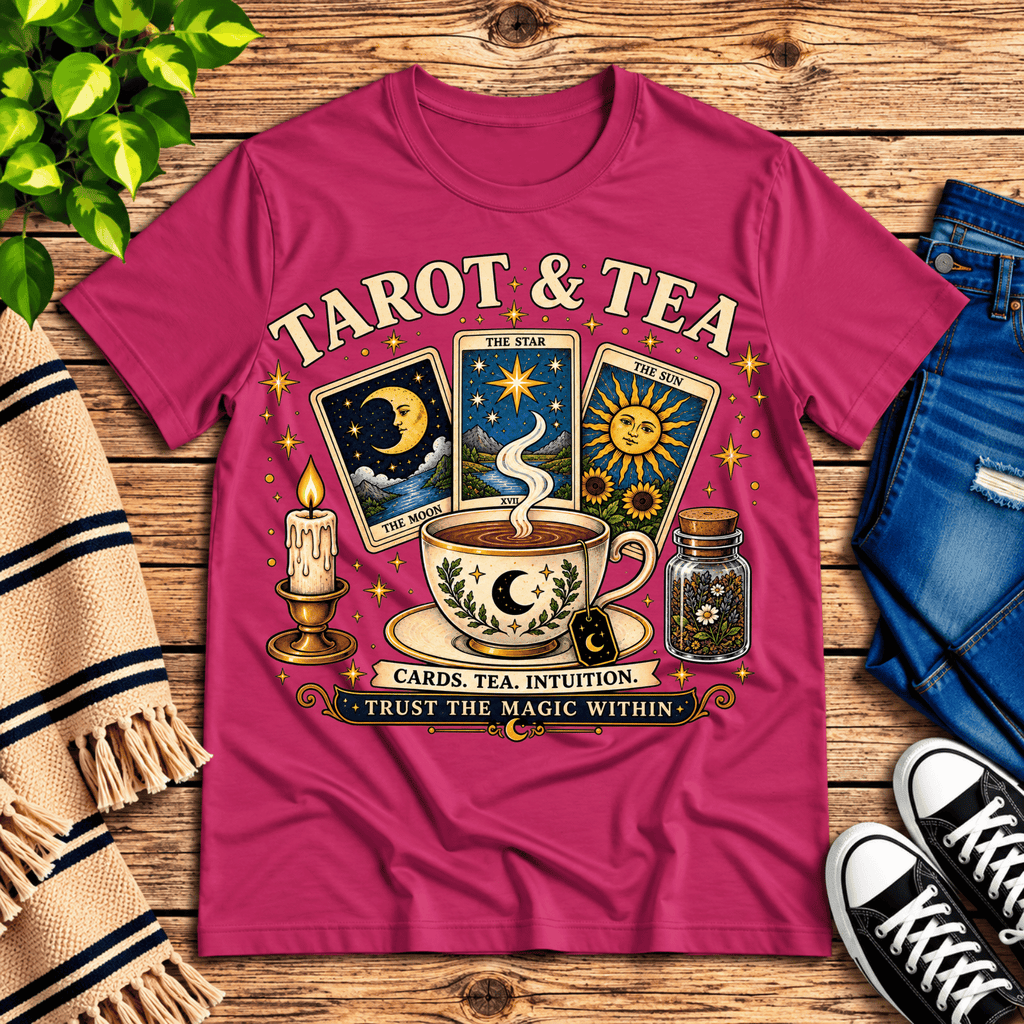 Tarot & Tea tarot card graphic t-shirt cozy flat lay in berry.