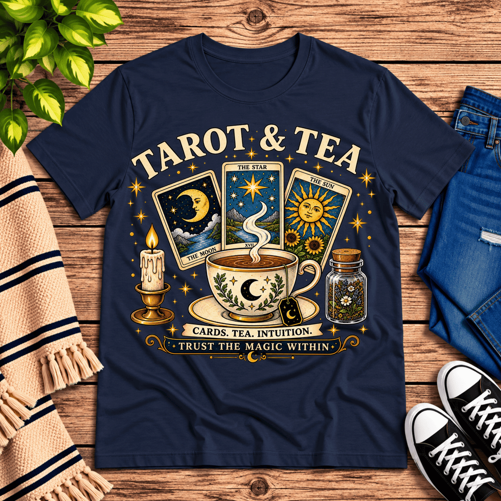 Tarot & Tea tarot card graphic t-shirt cozy flat lay in navy.
