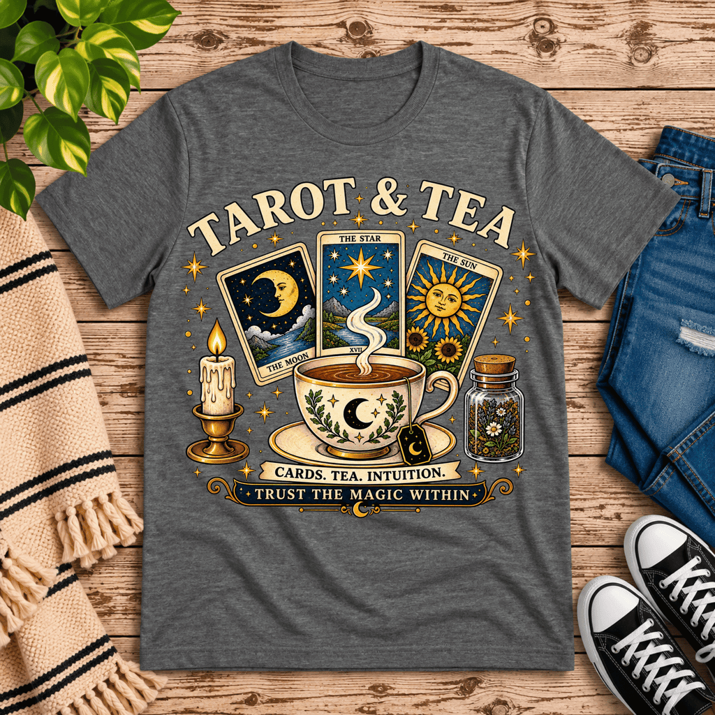 Tarot & Tea tarot card graphic t-shirt cozy flat lay in deep heather.