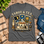 Tarot & Tea tarot card graphic t-shirt cozy flat lay in deep heather.