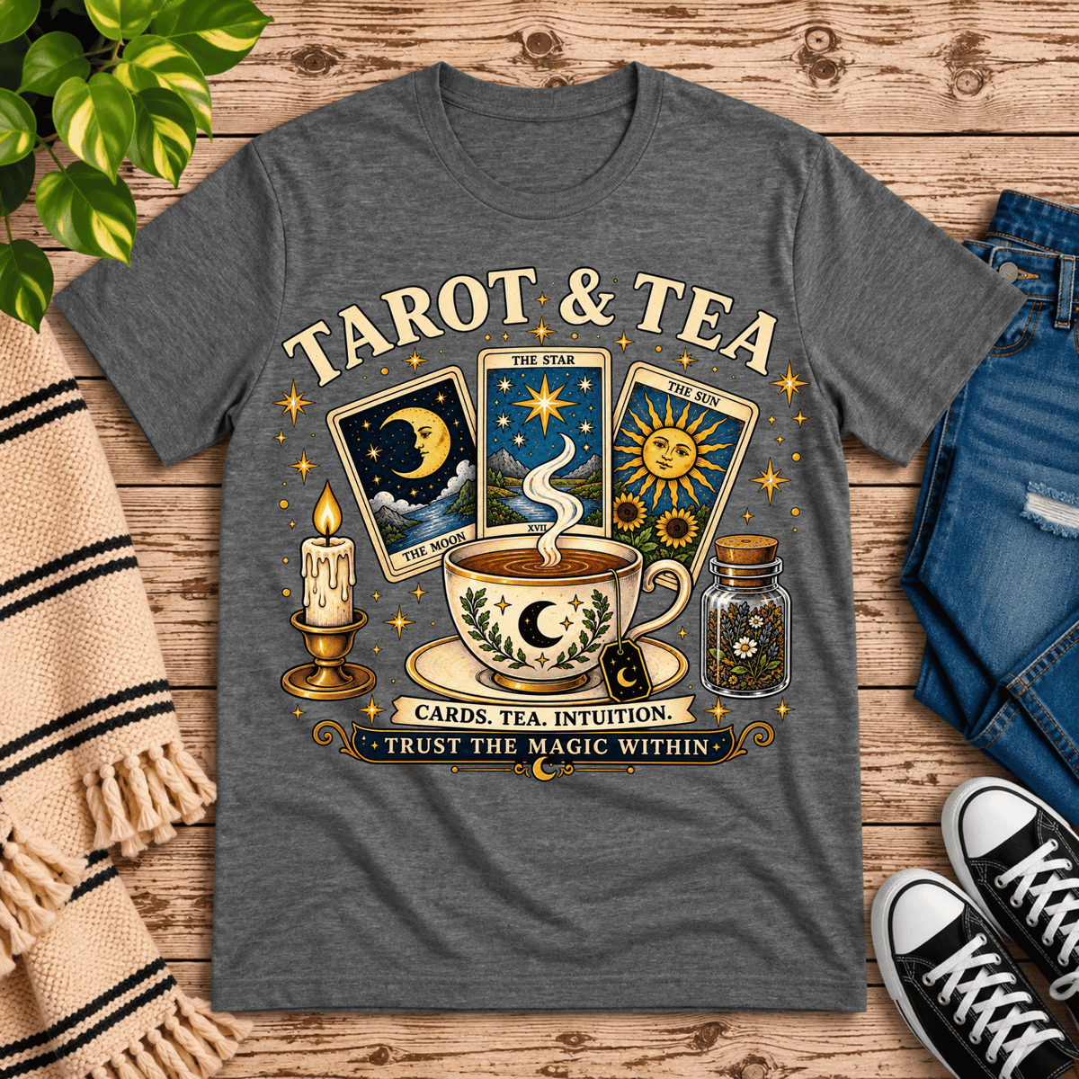 Tarot & Tea tarot card graphic t-shirt cozy flat lay in deep heather.