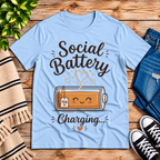Social Battery Tea cute tea graphic t-shirt cozy flat lay in baby blue.