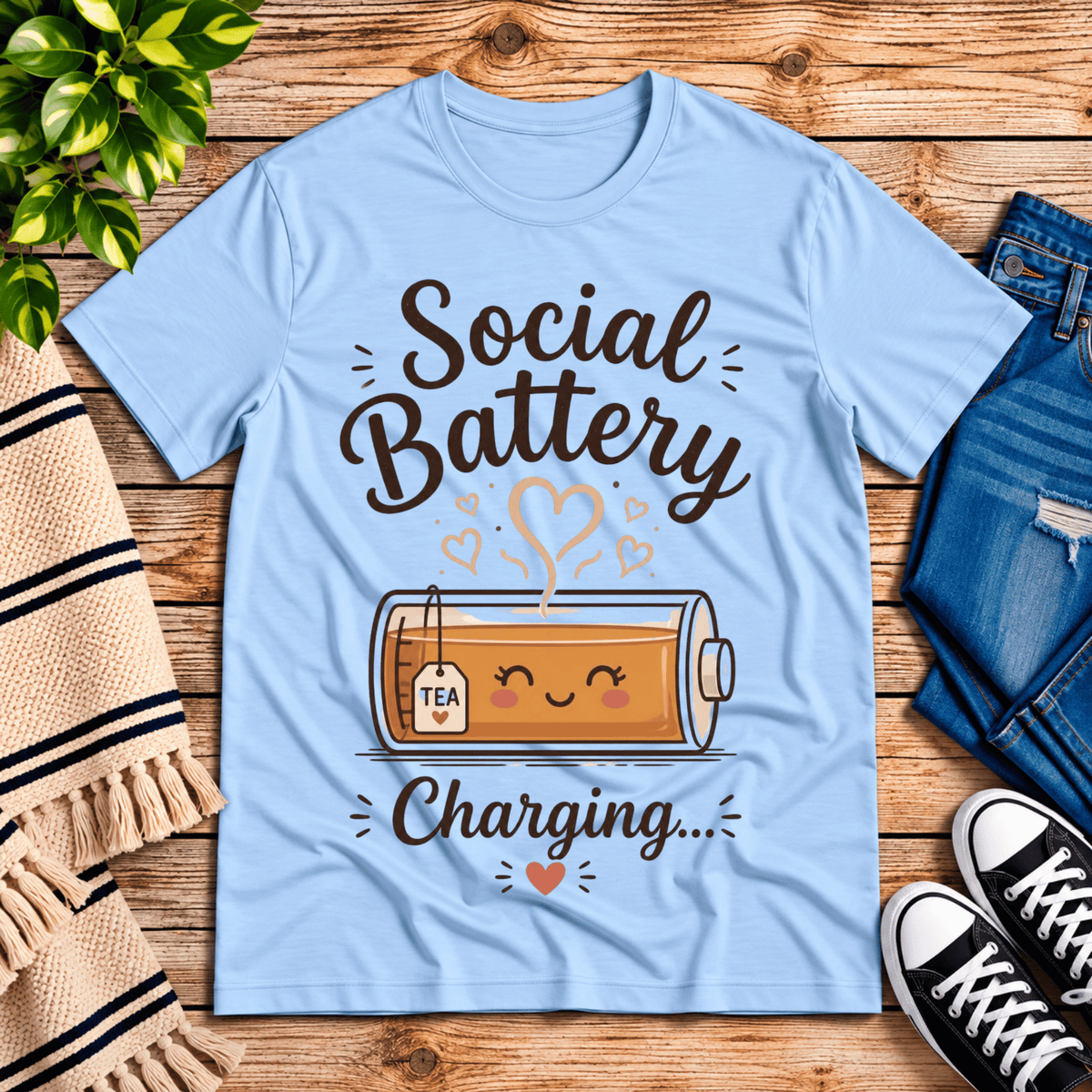 Social Battery Tea cute tea graphic t-shirt cozy flat lay in baby blue.
