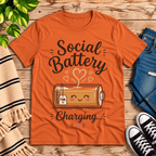 Social Battery Tea cute tea graphic t-shirt cozy flat lay in burnt orange.