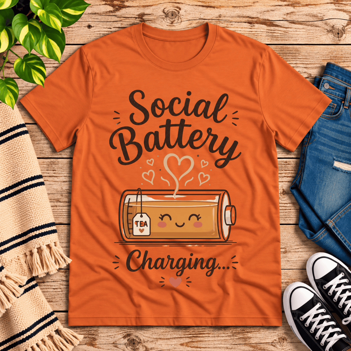 Social Battery Tea cute tea graphic t-shirt cozy flat lay in burnt orange.