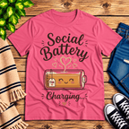 Social Battery Tea cute tea graphic t-shirt cozy flat lay in charity pink.
