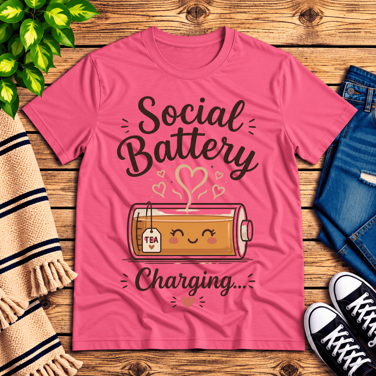 Social Battery Tea cute tea graphic t-shirt cozy flat lay in charity pink.