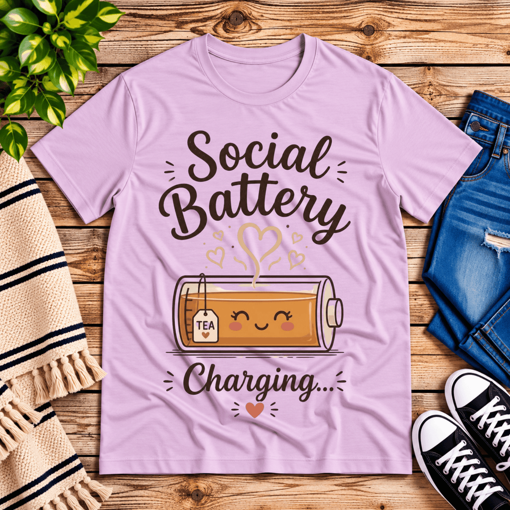 Social Battery Tea cute tea graphic t-shirt cozy flat lay in lilac.