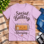 Social Battery Tea cute tea graphic t-shirt cozy flat lay in lilac.
