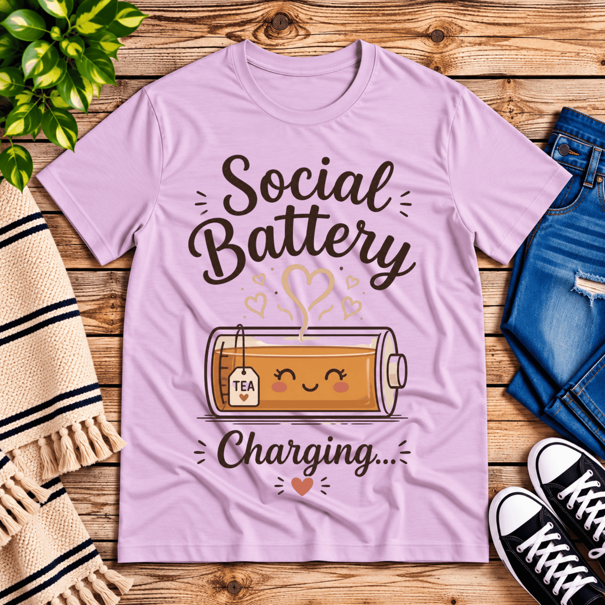 Social Battery Tea cute tea graphic t-shirt cozy flat lay in lilac.
