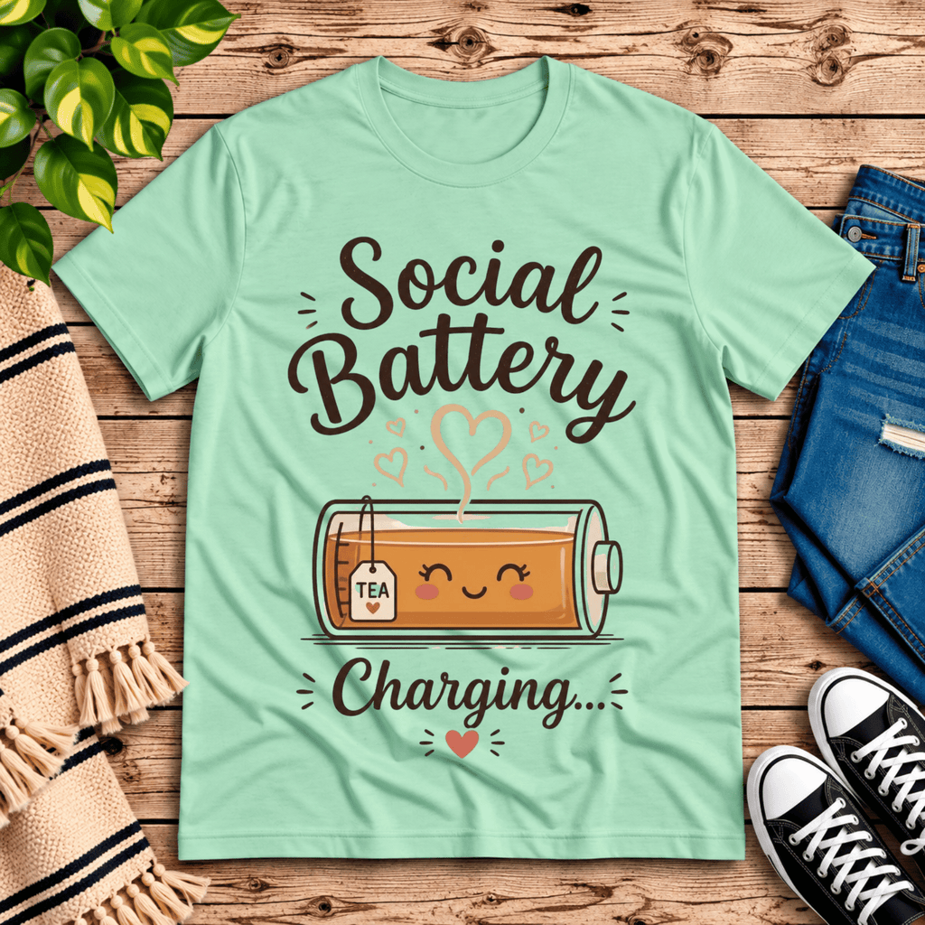 Social Battery Tea cute tea graphic t-shirt cozy flat lay in mint.