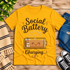 Social Battery Tea cute tea graphic t-shirt cozy flat lay in gold.