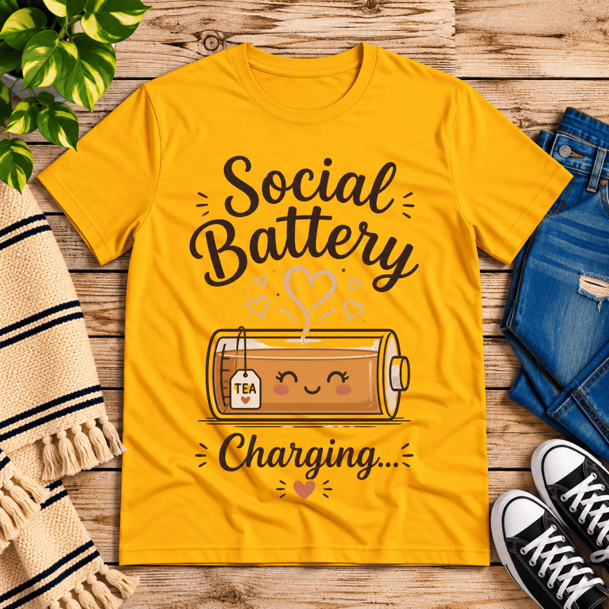 Social Battery Tea cute tea graphic t-shirt cozy flat lay in gold.