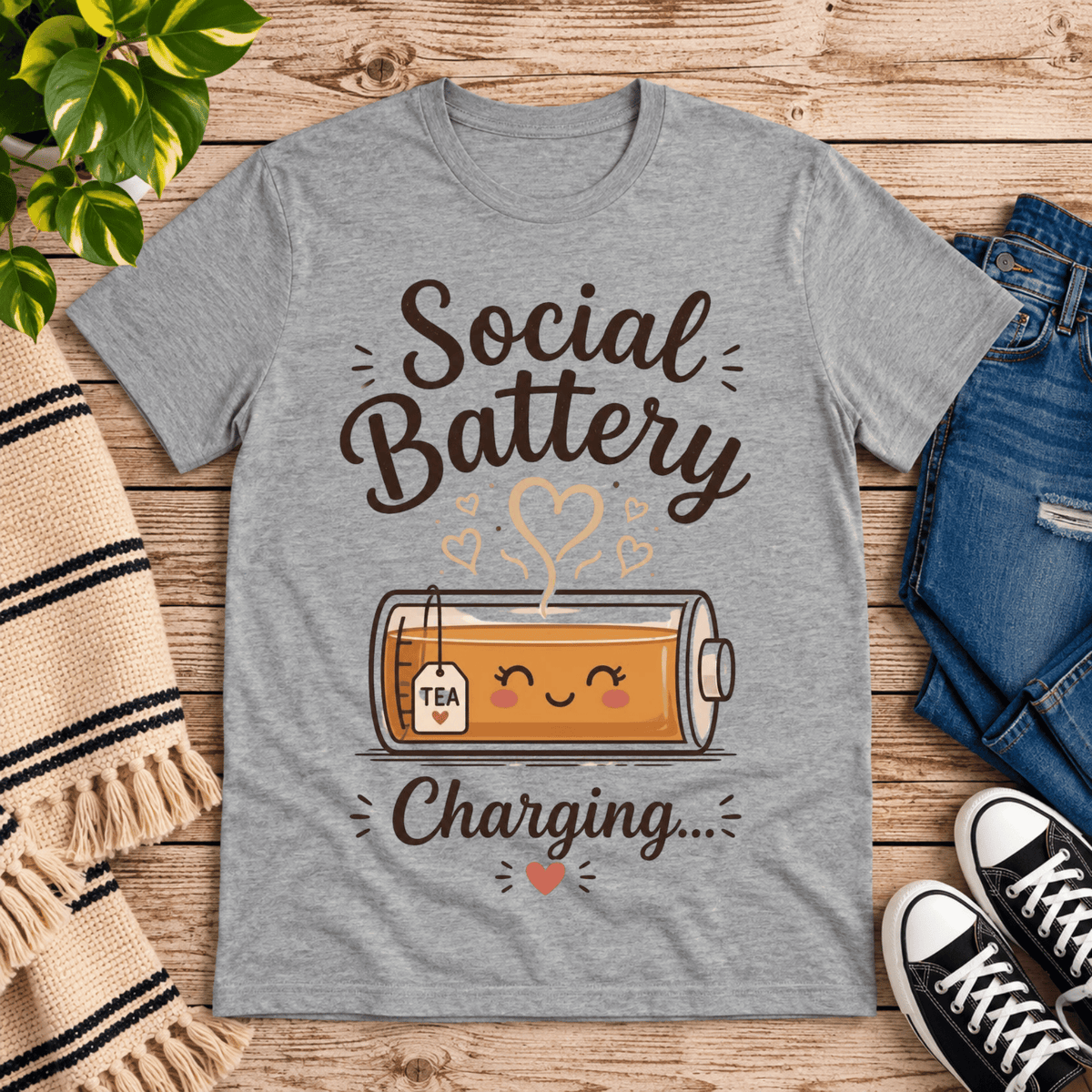 Social Battery Tea cute tea graphic t-shirt cozy flat lay in athletic heather.
