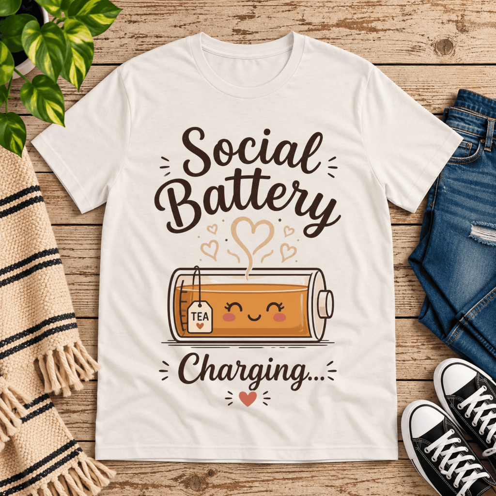 Social Battery Tea cute tea graphic t-shirt cozy flat lay in vintage white.