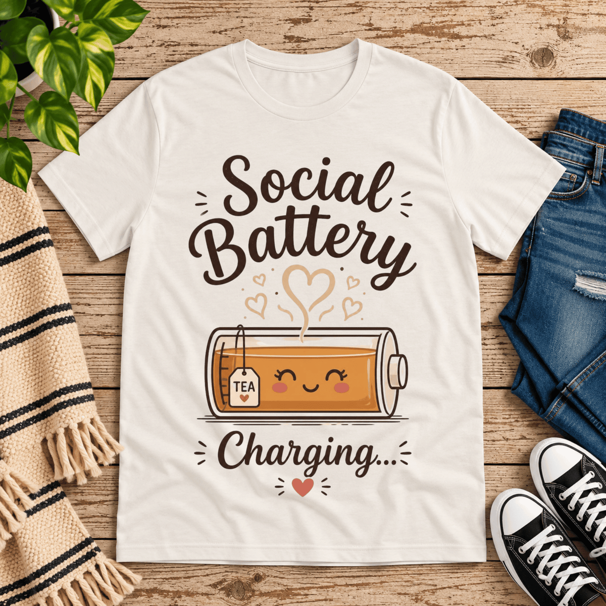 Social Battery Tea cute tea graphic t-shirt cozy flat lay in vintage white.