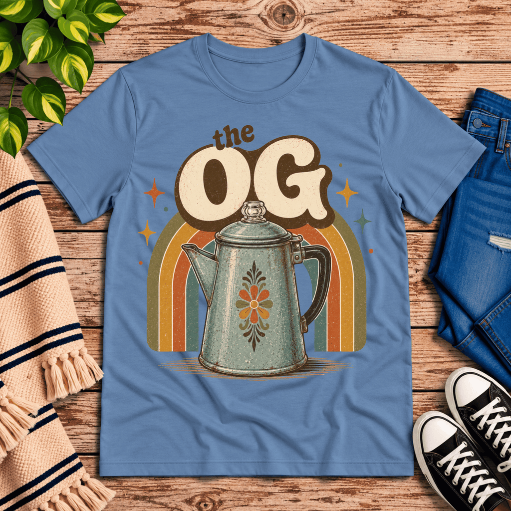 The OG retro coffee graphic t-shirt cozy flat lay in steel blue.