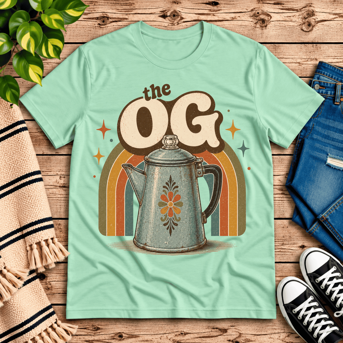 The OG retro coffee graphic t-shirt cozy flat lay in mint.