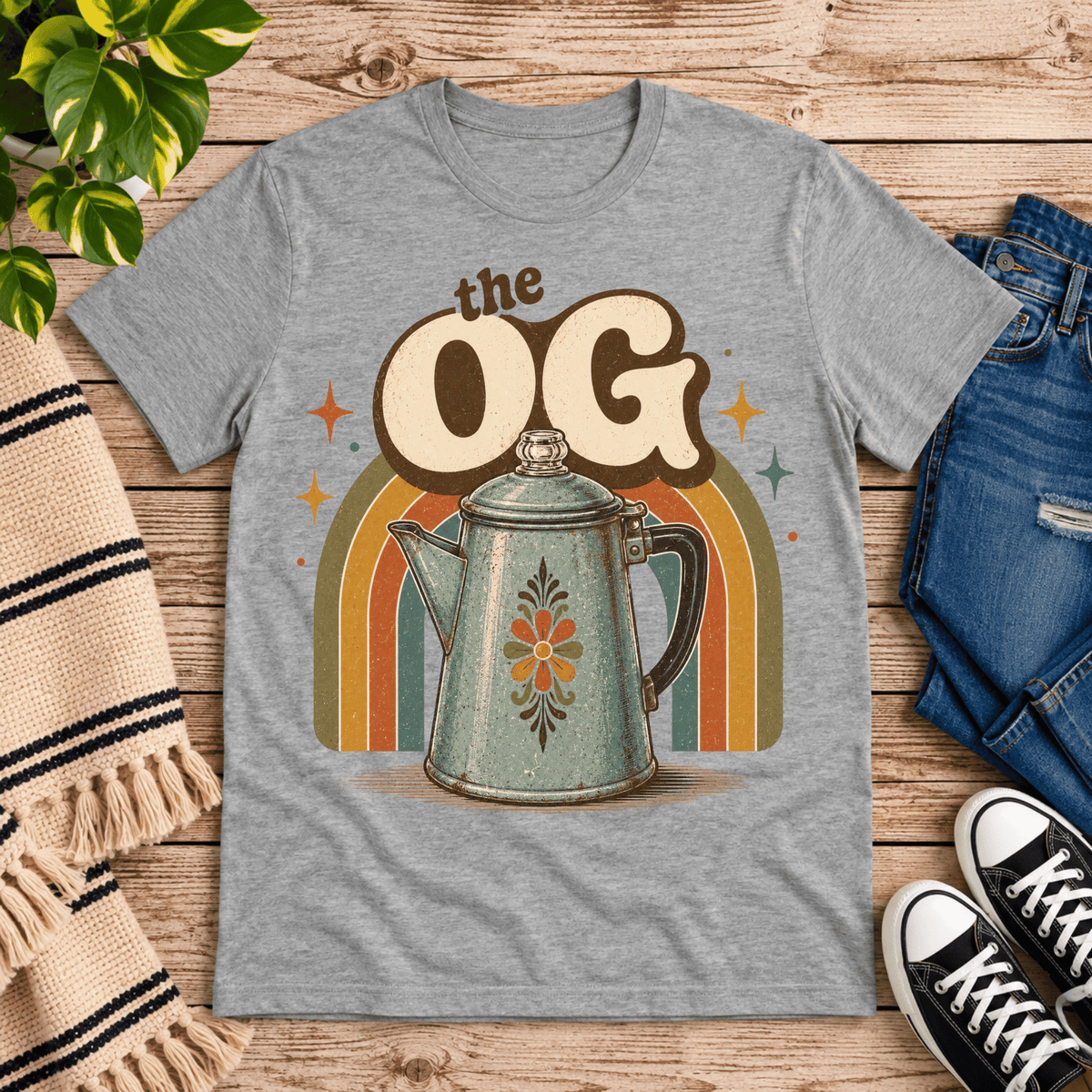 The OG retro coffee graphic t-shirt cozy flat lay in athletic heather.