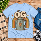 The OG retro coffee graphic t-shirt cozy flat lay in baby blue.