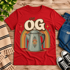 The OG retro coffee graphic t-shirt cozy flat lay in red.