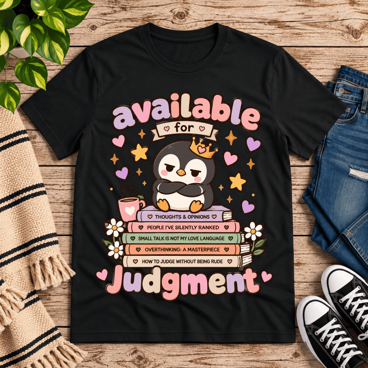 Available for Judgement cute animal graphic t-shirt cozy flat lay in vintage black.