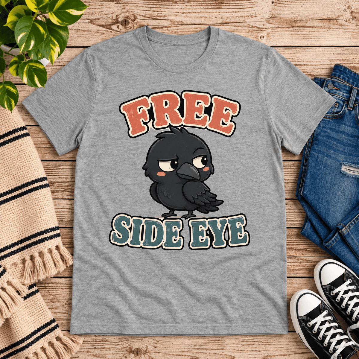 Free Side Eye funny animal graphic t-shirt cozy flat lay in athletic heather.