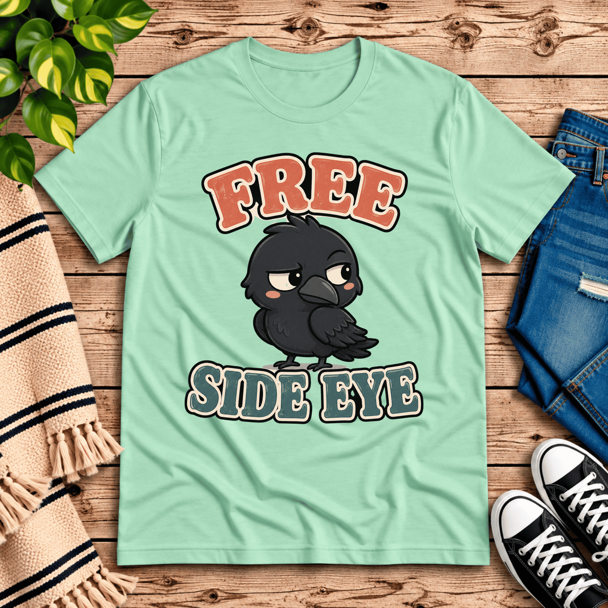 Free Side Eye funny animal graphic t-shirt cozy flat lay in mint.