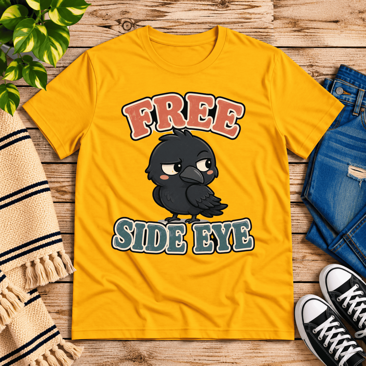 Free Side Eye funny animal graphic t-shirt cozy flat lay in gold.