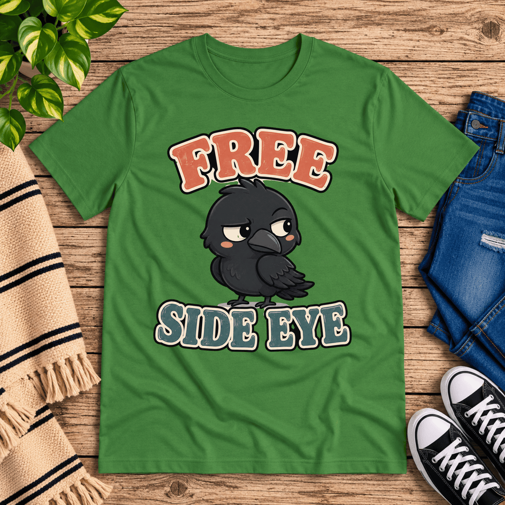 Free Side Eye funny animal graphic t-shirt cozy flat lay in leaf.