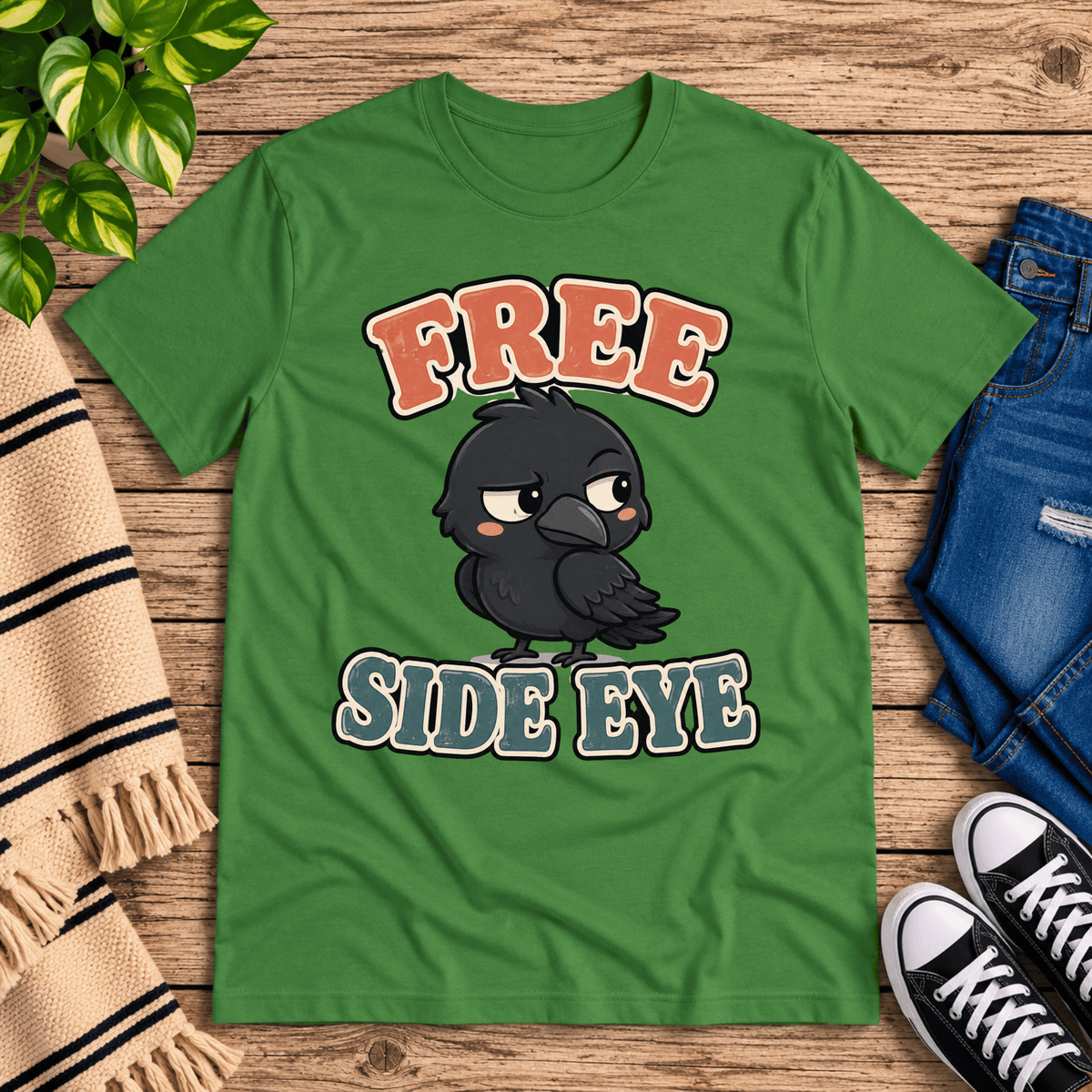 Free Side Eye funny animal graphic t-shirt cozy flat lay in leaf.