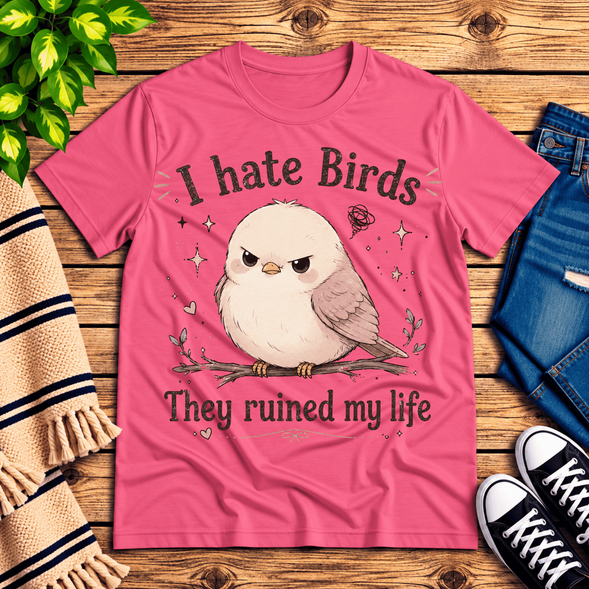 I Hate Birds cute animal graphic t-shirt cozy flat lay in charity pink.