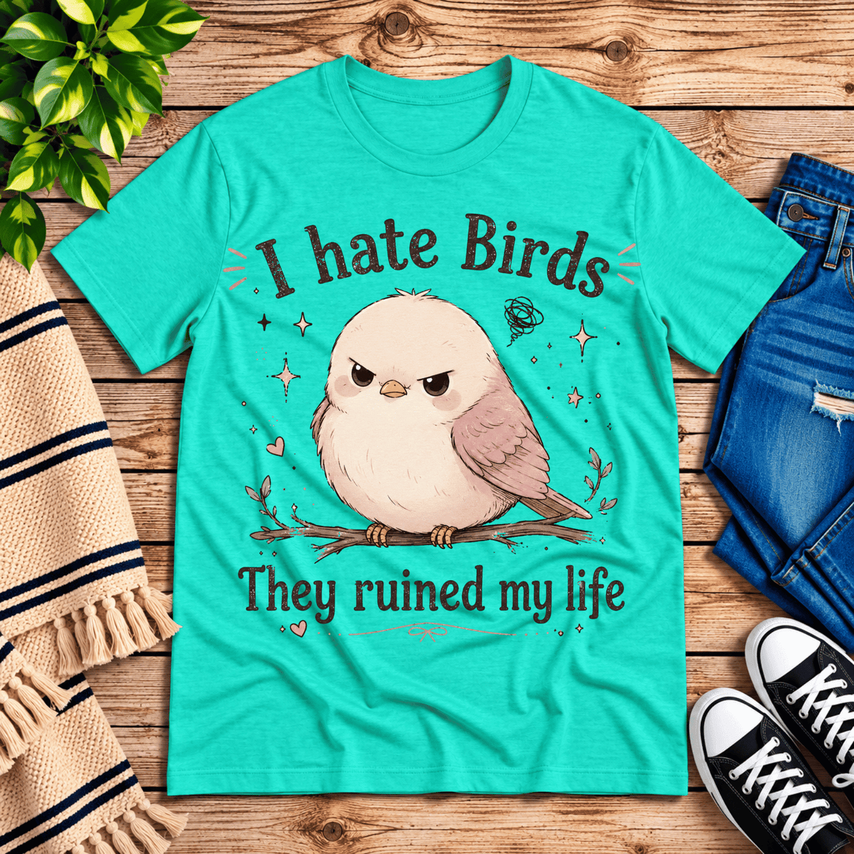 I Hate Birds cute animal graphic t-shirt cozy flat lay in heather sea green.