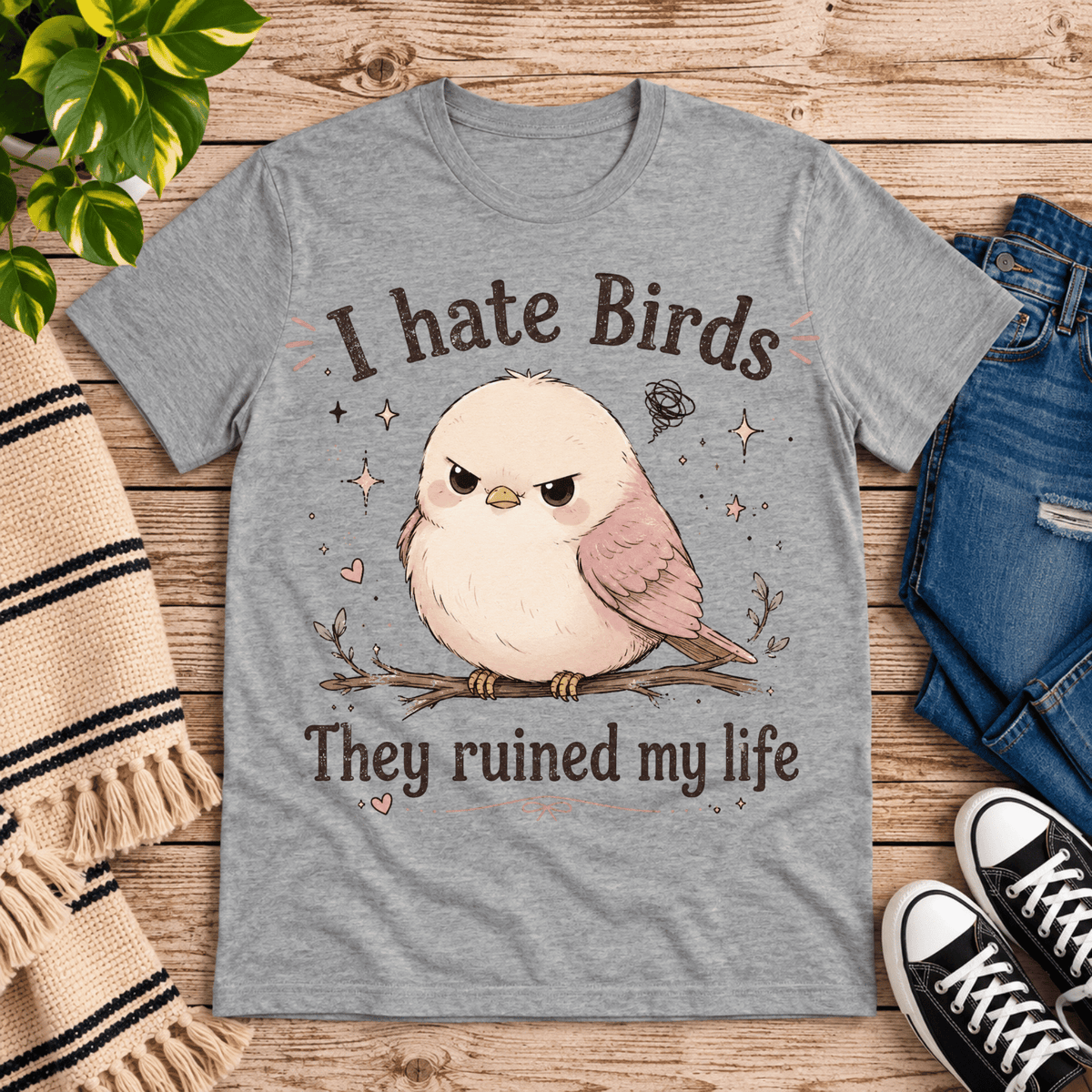 I Hate Birds cute animal graphic t-shirt cozy flat lay in athletic heather.
