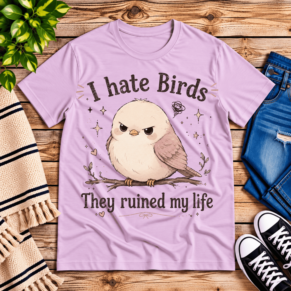 I Hate Birds cute animal graphic t-shirt cozy flat lay in lilac.