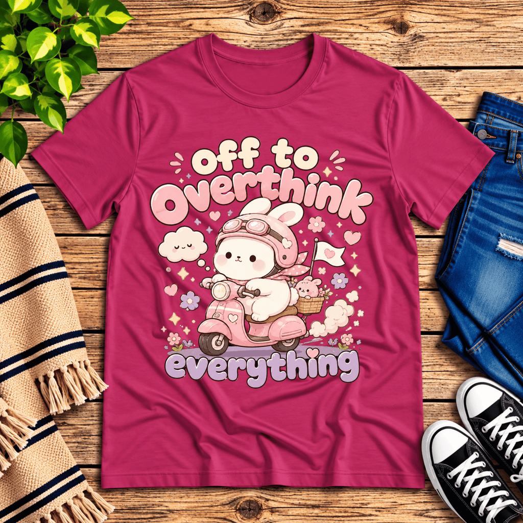 Overthink Bunny cute animal graphic t-shirt cozy flat lay in berry.