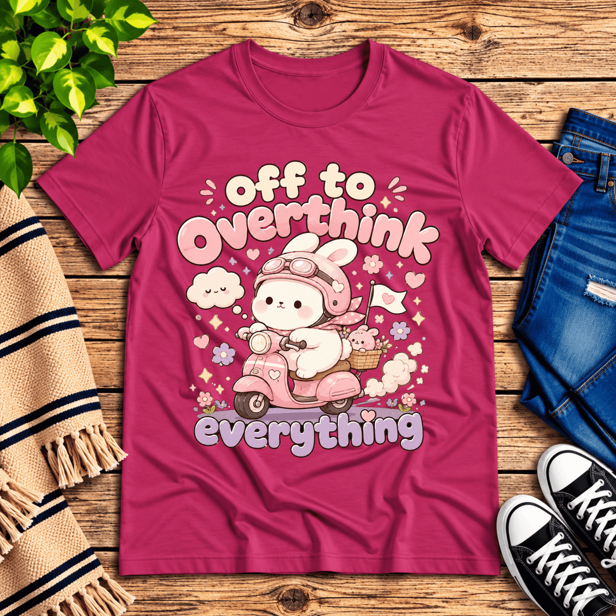 Overthink Bunny cute animal graphic t-shirt cozy flat lay in berry.