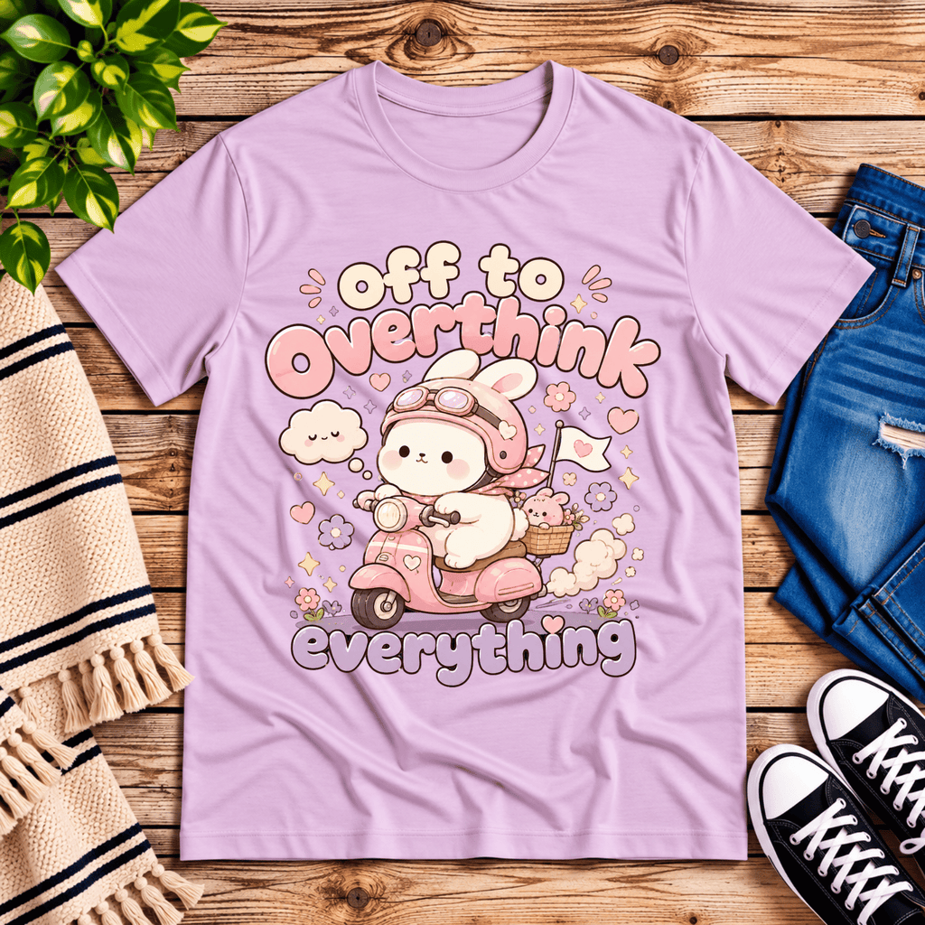 Overthink Bunny cute animal graphic t-shirt cozy flat lay in lilac.