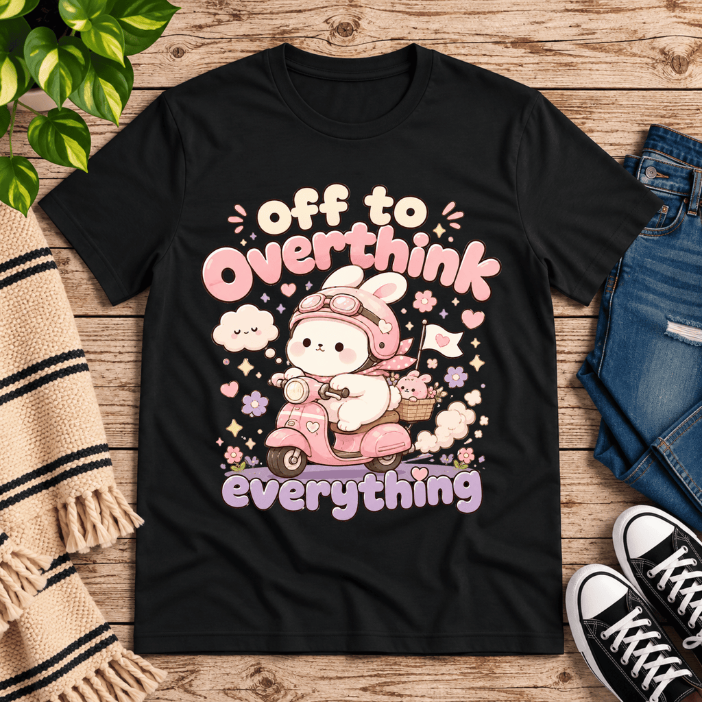 Overthink Bunny cute animal graphic t-shirt cozy flat lay in vintage black.