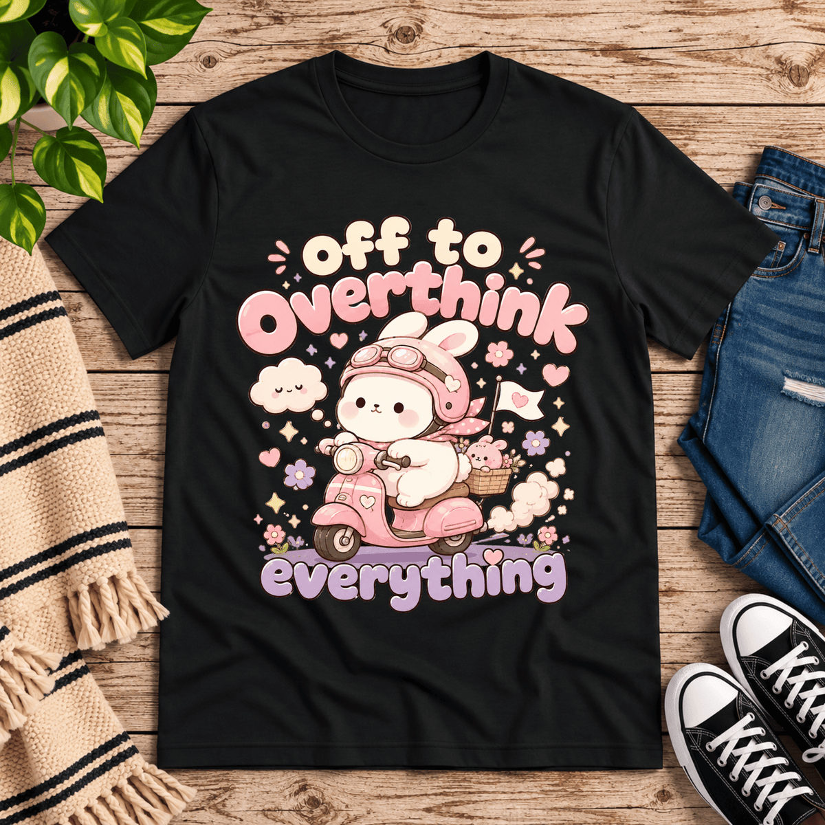 Overthink Bunny cute animal graphic t-shirt cozy flat lay in vintage black.
