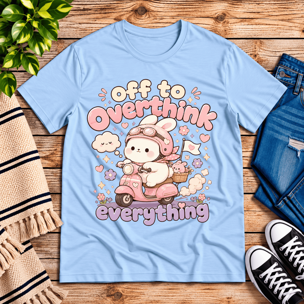 Overthink Bunny cute animal graphic t-shirt cozy flat lay in baby blue.