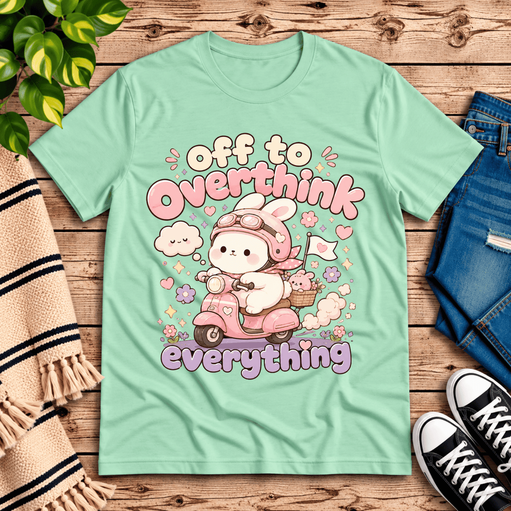 Overthink Bunny cute animal graphic t-shirt cozy flat lay in mint.