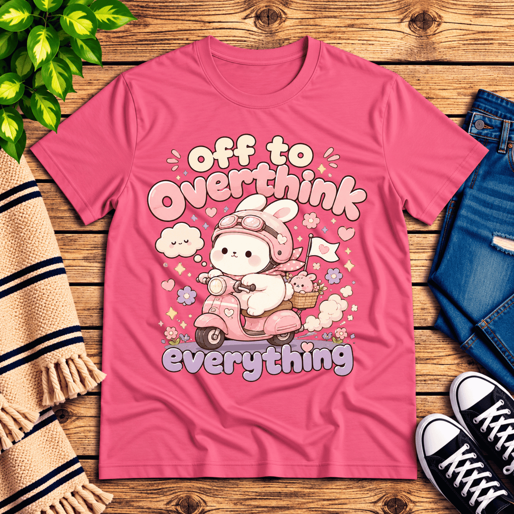 Overthink Bunny cute animal graphic t-shirt cozy flat lay in charity pink.