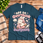 Overthink Bunny cute animal graphic t-shirt cozy flat lay in deep teal.