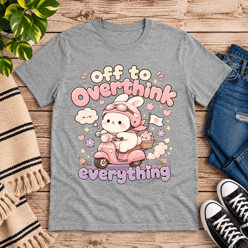 Overthink Bunny cute animal graphic t-shirt cozy flat lay in athletic heather.