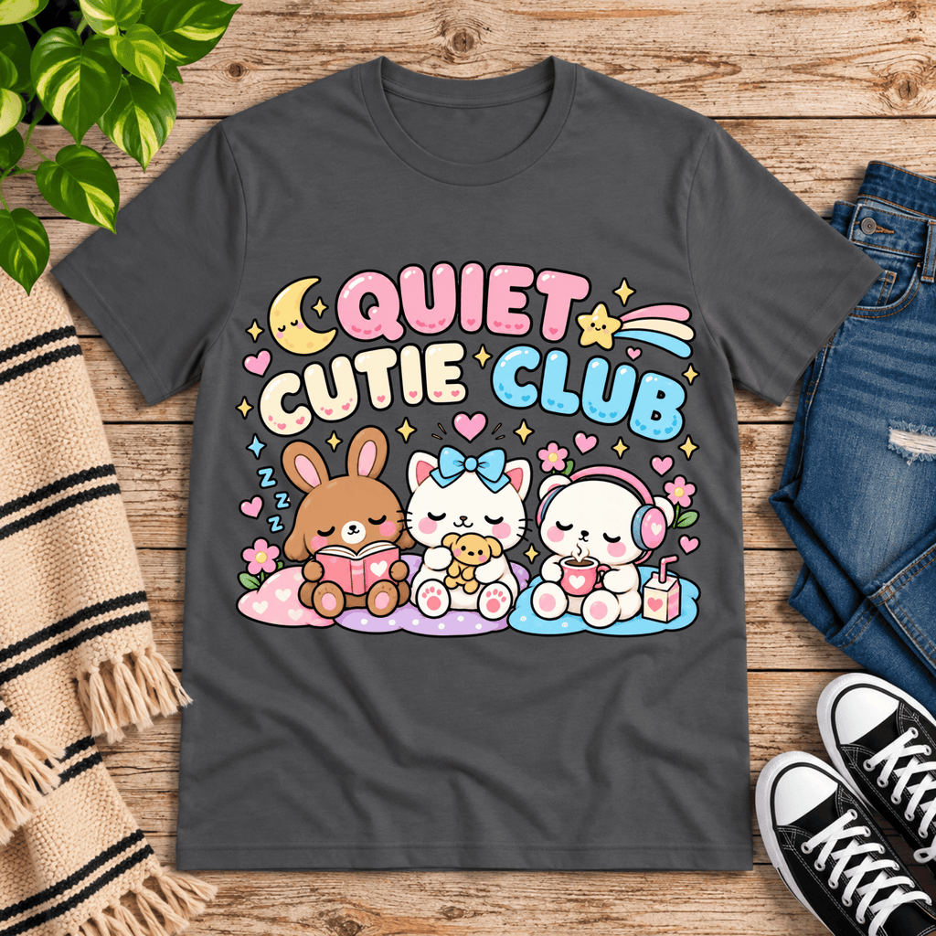 Quiet Cutie Club cute animal graphic t-shirt cozy flat lay in asphalt.